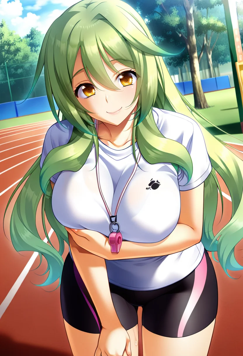 masterpiece, best quality, amazing quality,kaho ootani, yellow eyes, green hair, long hair, mature female, 1girl, solo, breasts,black bike shorts, large breasts,whistle, short sleeves, white t-shirt,,closed mouth, smile, standing, looking at viewer, cowboy shot, thighs, outdoors, track and field, tree, gras<lora:kaho ootaniV1:1>