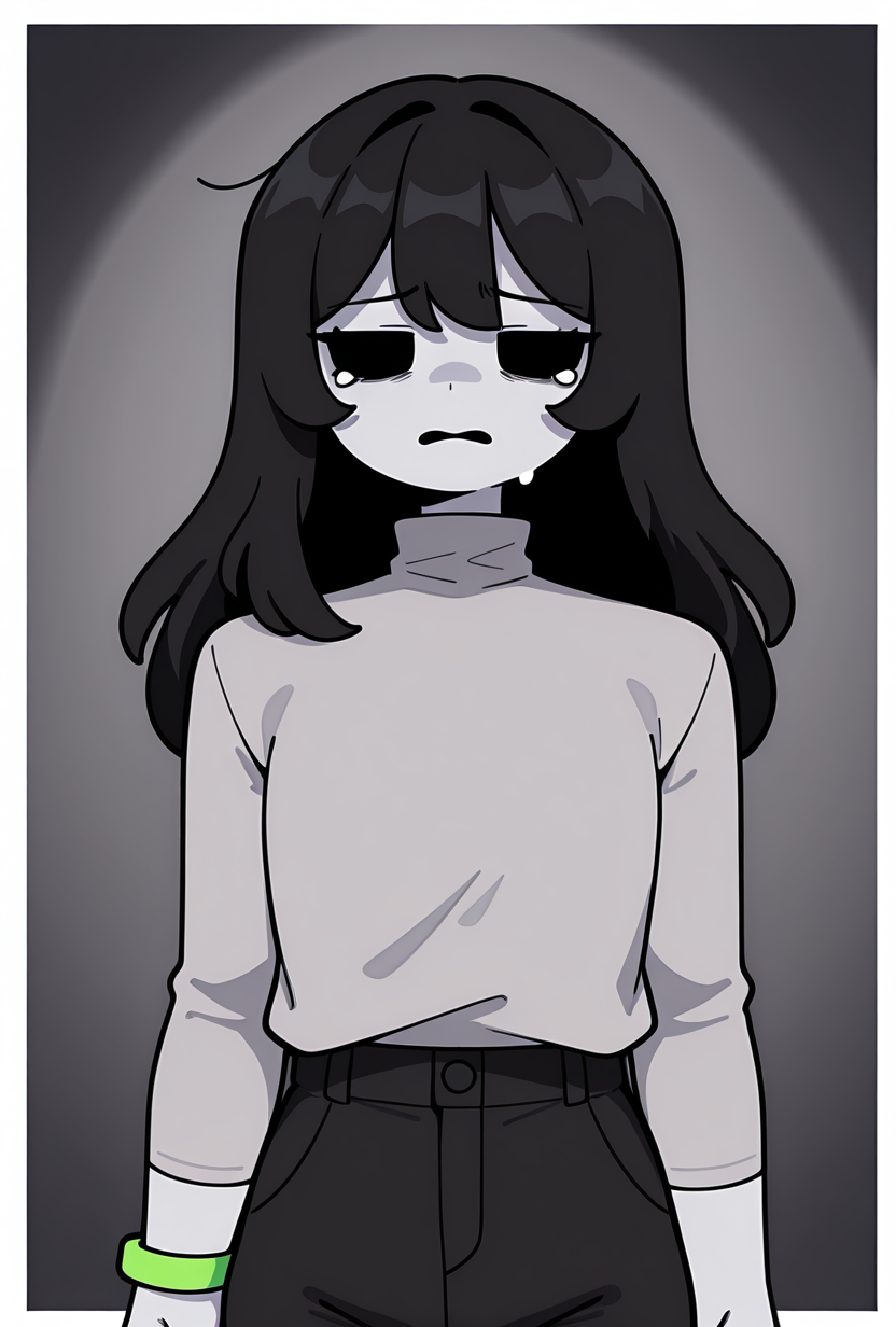 <lora:charlieemily-05:1> charlieemily, 1girl, black hair, long hair, black eyes, grey shirt, turtle neck, grey skin, black pants, long sleeves, single green bracelet square hair, square eyes, tears, tears down cheeks, shirt over pants, , grey background, facing viewer, dark grey background,, masterpiece, best quality, amazing quality, very aesthetic, absurdres, newest,, upper body, halftone effect, white borders, abstract background:1.2,