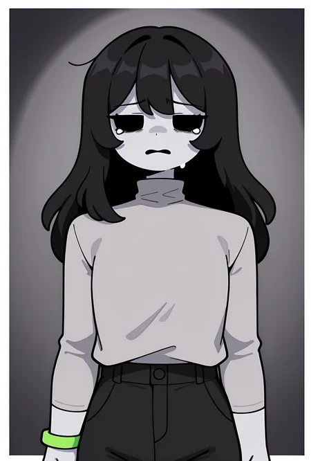 <lora:charlieemily-05:1> charlieemily, 1girl, black hair, long hair, black eyes, grey shirt, turtle neck, grey skin, black pants, long sleeves, single green bracelet square hair, square eyes, tears, tears down cheeks, shirt over pants, , grey background, facing viewer, dark grey background,, masterpiece, best quality, amazing quality, very aesthetic, absurdres, newest,, upper body, halftone effect, white borders, abstract background:1.2,