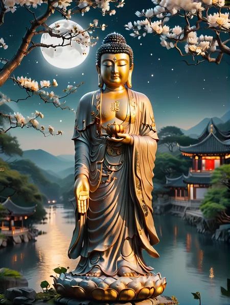from_below,<lora:SDXLä½åé¿å½éä½:0.8>,1 standing buddha statue,, 8K, best quality, blurred, bokeh, depthoffield, filmgrain, glisteningskin, HDR, highres, Kodakportra400, lens flare, masterpiece, photography,   RAW photo, realistic, shar pfocus, ultra detailed, ultra highres, vibrant color, <lora:gufeng:0.5>gufeng,moon,tree,water,flower,branch,night,black hair,facing away,shawl,full moon,in tree,long hair,sky,sitting,from behind,chinese clothes,hanfu,crescent moon,standing,outdoors,