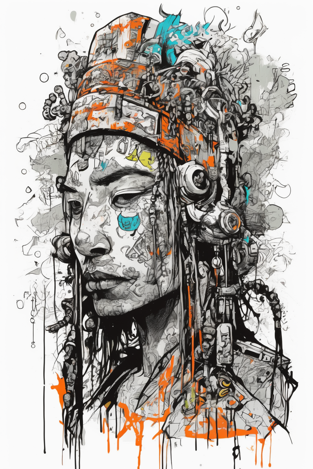 Jim Mahfood Style - Mystical post-cyberpunk shaman Graffiti, t-Shirt Design, white background