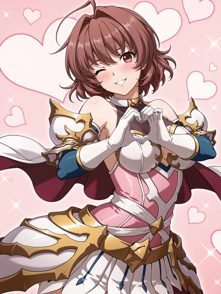 masterpiece,best quality,amazing quality,
1girl,solo,
<lora:Betty_v1.1>,b_y,ahoge,brown hair,brown eyes,short hair,b_clothes,pink clothes,
<lora:Fixhands_anime_bdsqlsz_V1:1>,cinematic_angle,dynamic_angle,face_focus,looking_at_viewer,light_blush,sparkle,portrait,one eye closed,heart hands,cowboy_shot,from_side,arched_back,heart_background,crazy_smile,yandere,crazy,blush,