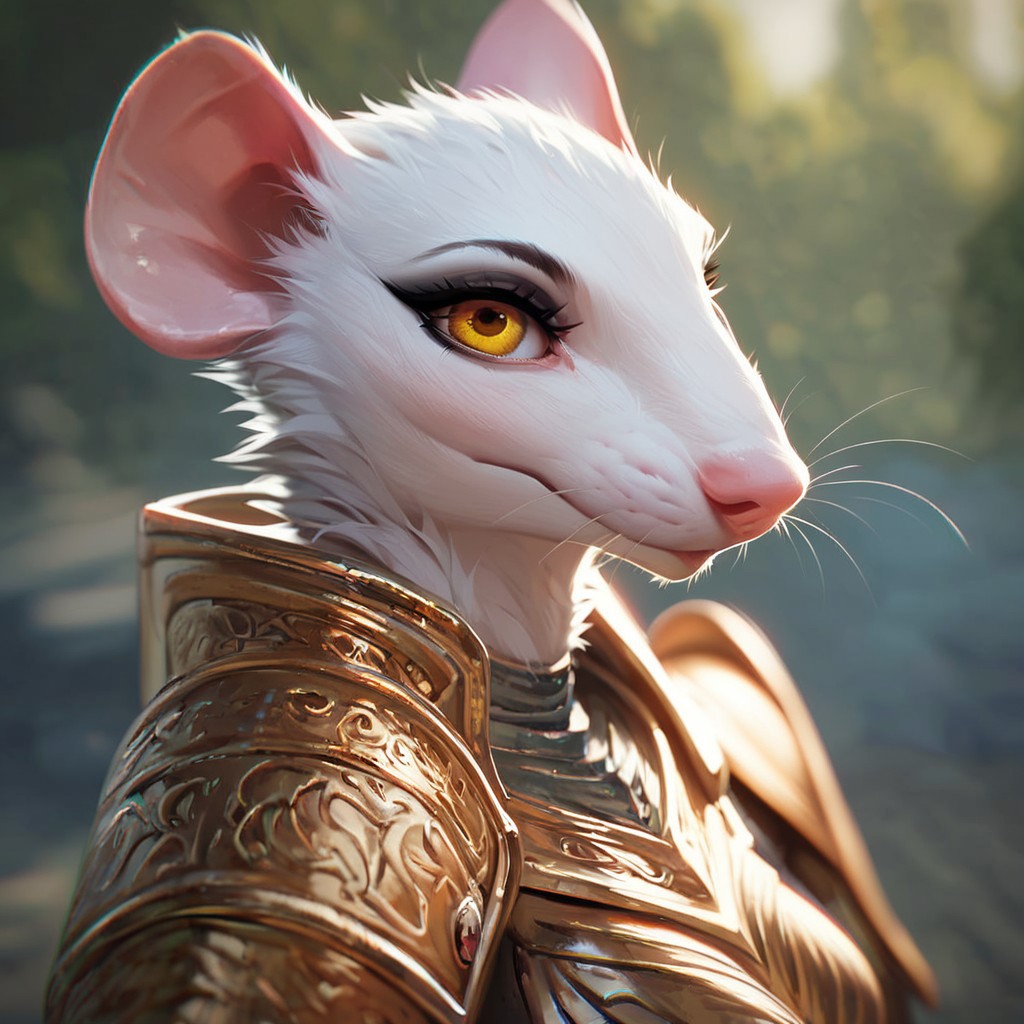 (((beautiful, high quality))), upper Body, score_9, score_8_up, score_7_up, 
ratfolk, furry rat, 1girl, white fur, yellow eyes, armor,
looking at the viewer, posing, blurred background,