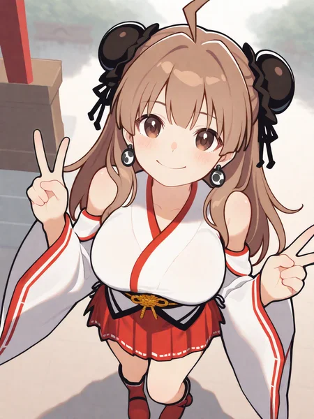 masterpiece, best quality, good quality, masterpiece, best quality, very aesthetic, (tsuvida:0.5)
(solo:1.4), Renka_IL, brown eyes, long brown hair, ahoge, double bun, bun cover, hair ribbon, large breasts, Renka earrings, BREAK, Renka_Shrine, shrine clothes, japanese clothes, miko clothes, white kimono up, bare shoulders, long sleeves, wide sleeves, obi, sash, hakama skirt, red skirt, red boots
outdoors, smile, from above, v sign
<lora:Renka_IL:1>
<lora:ponyv5_noobE11_1_adamW:0.7>
<lora:ai_styles_collection_noob_vpred-0.6_v3:0.5>