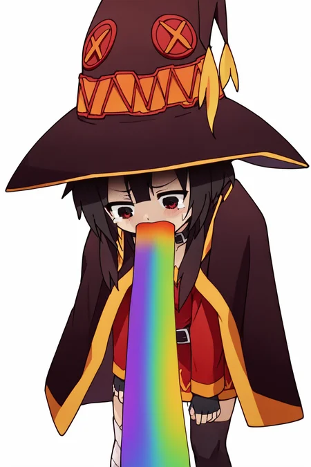 score_9, score_8_up, score_7_up, score_6_up, score_5_up, score_4_up, <lora:konosuba-megumin-s2-ponyxl-lora-nochekaiser:0.8> megumin, short hair, black hair, red eyes, short hair with long locks,thighhighs, gloves, hat, dress, black gloves, belt, black thighhighs, fingerless gloves, cape, collar, witch hat, bandages, red dress, single thighhigh, asymmetrical legwear, bandaged leg, <lora:Rainbow_vomit_meme:1>, 1girl, rainbows, looking down, leaning forward, tears, disgust, vomiting rainbows, vomit, masterpiece, highres, white background, simple background