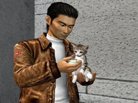 5henmuestyle, a man in a jacket is feeding a kitten  <lora:Shenmue:1>