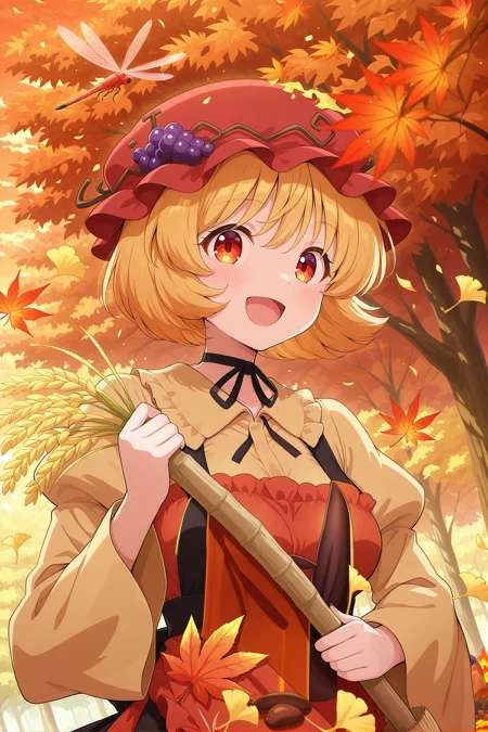 absurdres, highres, masterpiece, best quality, amazing quality, official anime artwork, screencap, anime screencap,
acorn, autumn, autumn leaves, bangs, black skirt, blonde hair, blurry, blurry foreground, broom, calendar \(medium\), campfire, day, depth of field, dragonfly, falling leaves, food, forest, ginkgo leaf, grapes, hat, hauchiwa, holding wheat, holding leaf, leaf, leaf background, leaf hair ornament, leaf on head, leaf print, leaves in wind, long sleeves, looking at viewer, maple leaf, nature, open mouth, orange sky, orange theme, outdoors, tree, upper body, smile,
<lora:Aki-Minoriko_Illustrious:1> aki minoriko, 1girl, yellow eyes, blonde hair, short hair, medium breasts,, red hat, mob cap, grape hat ornament, black neck ribbon, yellow shirt, long sleeves, wide sleeves, juliet sleeves, collared shirt, black skirt, petticoat, frilled apron, red apron,