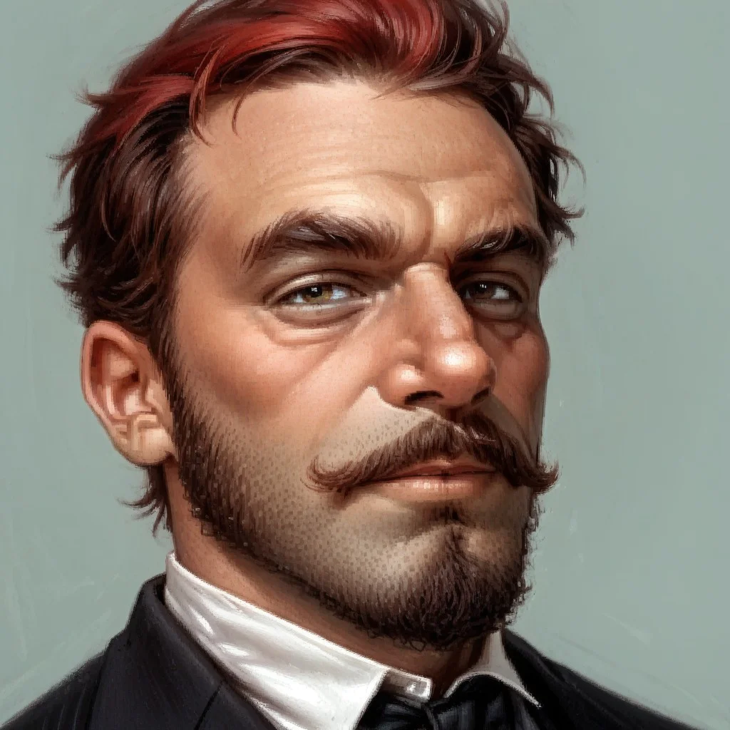 score_8, score_8_up, score_7_up, arcanum_portrait, portrait, traditional media, solo, simple background, 1boy, solo, male focus, facial hair, beard, red hair, goatee, smug, suit, adult