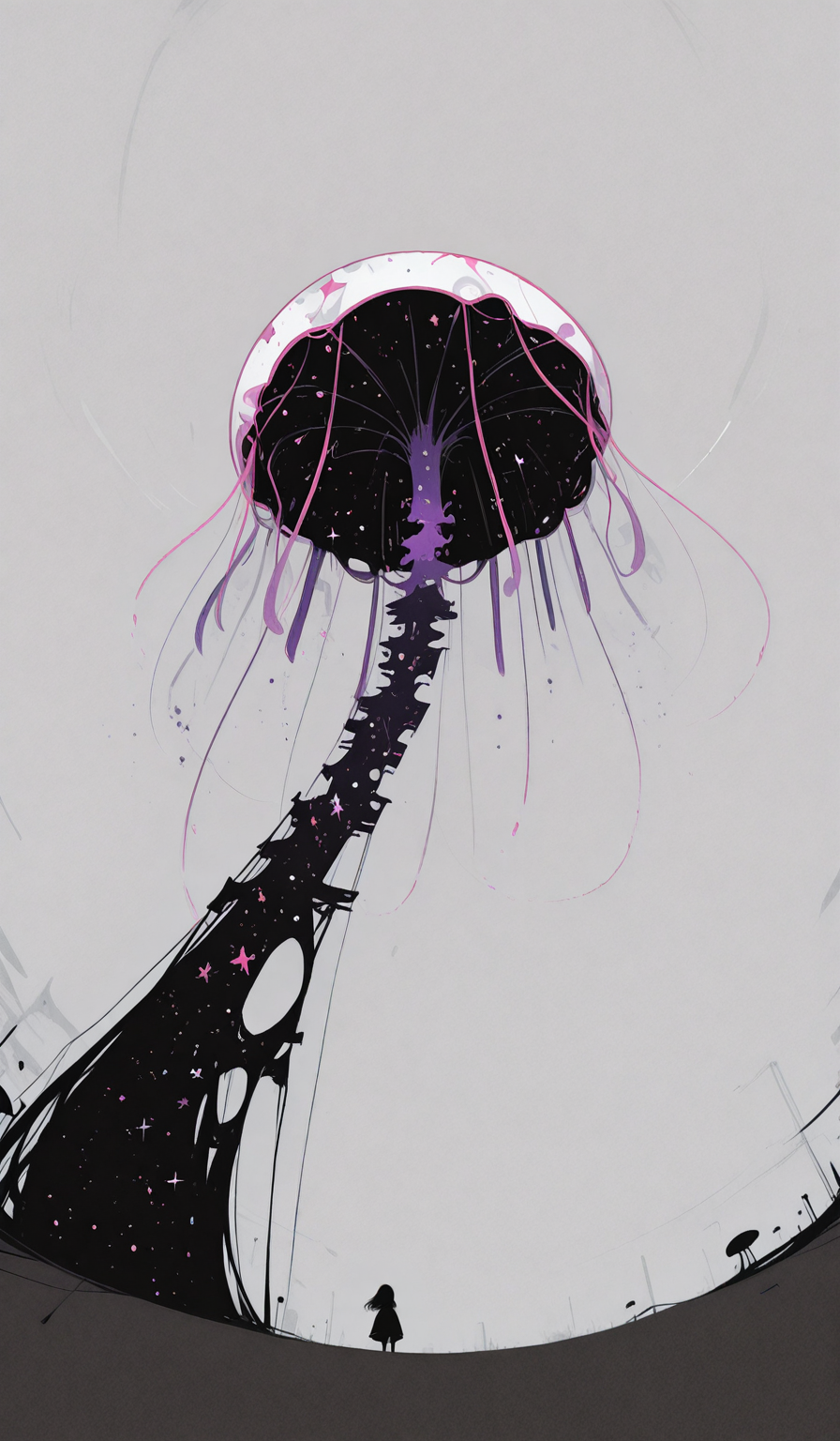 interdimensional_glitch AND sentient_ai_virus AND cosmic_jellyfish, low angle shot,Fisheye Perspective,Motion Blur,grey background, [minimalism:0.9], [outline:0.6],  masterpiece, best quality, very aesthetic,