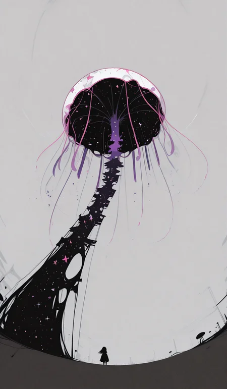 interdimensional_glitch AND sentient_ai_virus AND cosmic_jellyfish, low angle shot,Fisheye Perspective,Motion Blur,grey background, [minimalism:0.9], [outline:0.6],  masterpiece, best quality, very aesthetic,