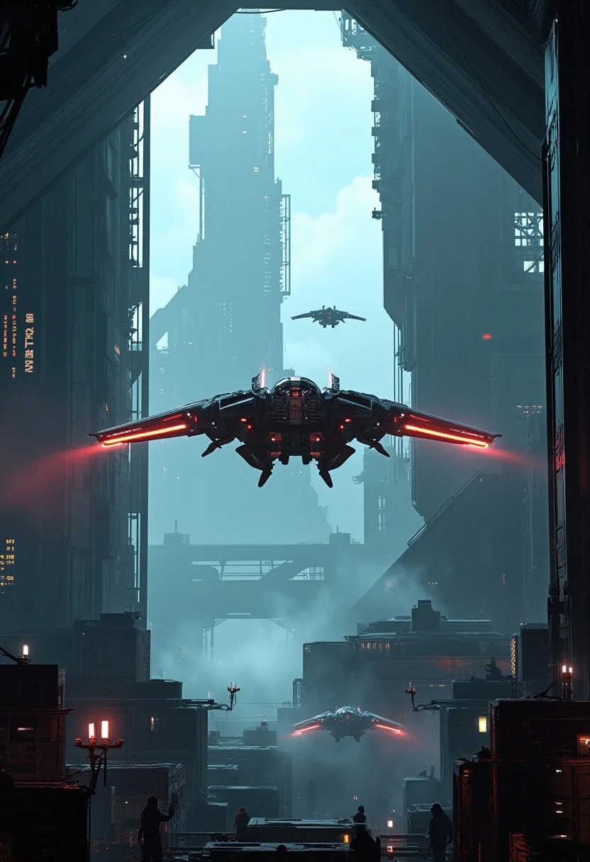 32k UHD sci-fi fantasy movie still, a futuristic fighter-style spaceship exiting a cyber space tunnel over a sci-fi city with massive building, other spaceships in background, cinematic realism, insanely detailed,  intricately detailed, texture, A digital painting in the style of ck-js