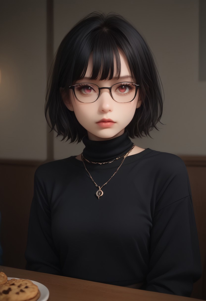 score_9, score_8_up. score_7_up, score_9,1girl, cookie_run, chibi,
shizuku_murasaki, red eyes, black hair, short hair, turtleneck sweater, black sweater, glasses, black-framed eyewear, long sleeves, necklace, denim, jeans, midriff, tattoo