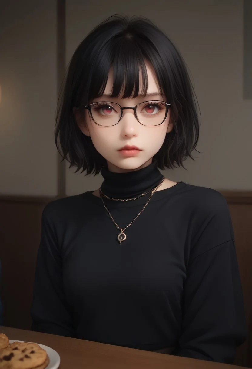 score_9, score_8_up. score_7_up, score_9,1girl, cookie_run, chibi,
shizuku_murasaki, red eyes, black hair, short hair, turtleneck sweater, black sweater, glasses, black-framed eyewear, long sleeves, necklace, denim, jeans, midriff, tattoo