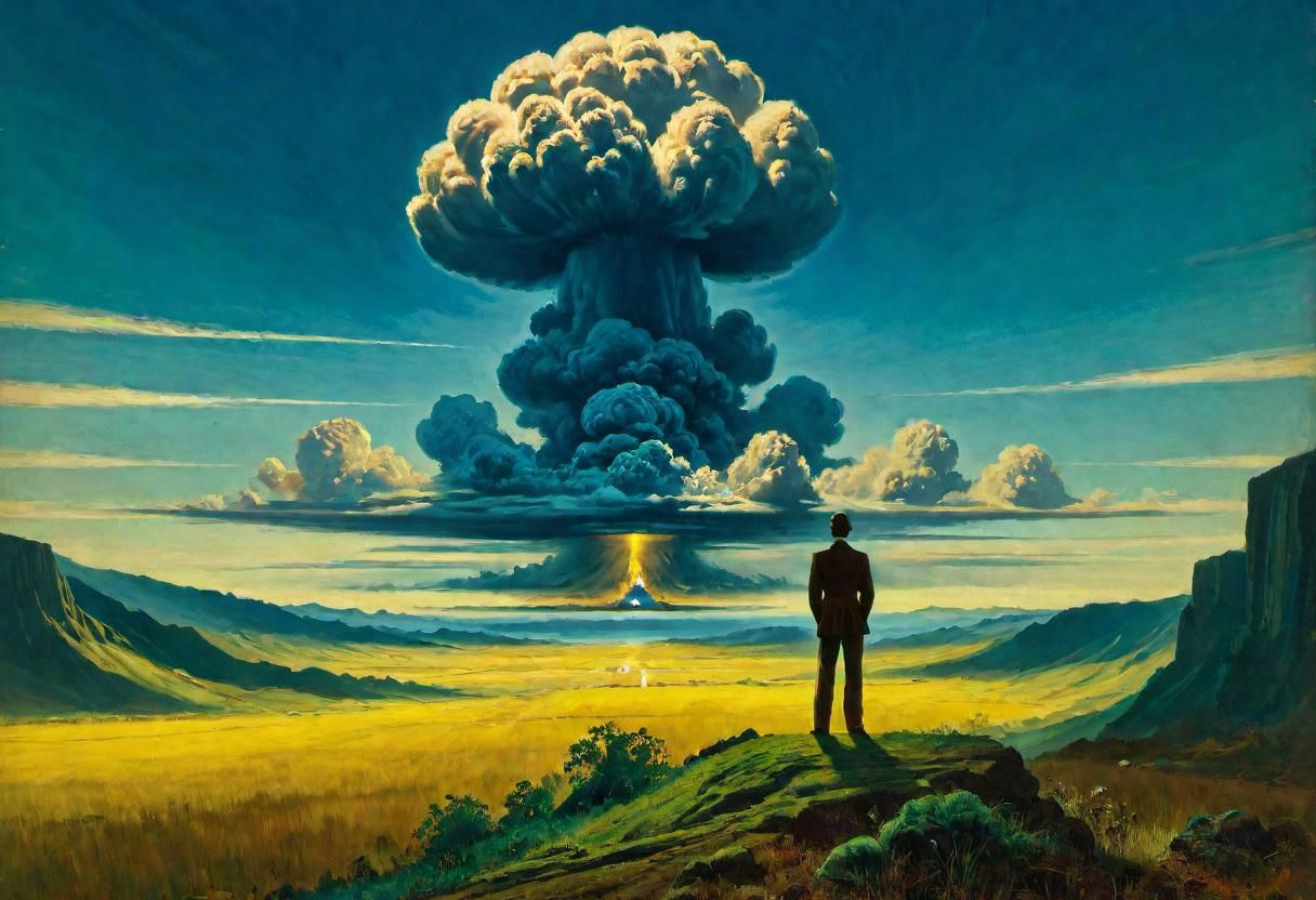 a man standing, looking at a distant mushroom cloud on the horizon, pulp cover art