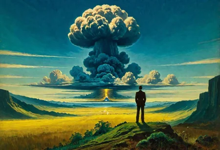 a man standing, looking at a distant mushroom cloud on the horizon, pulp cover art