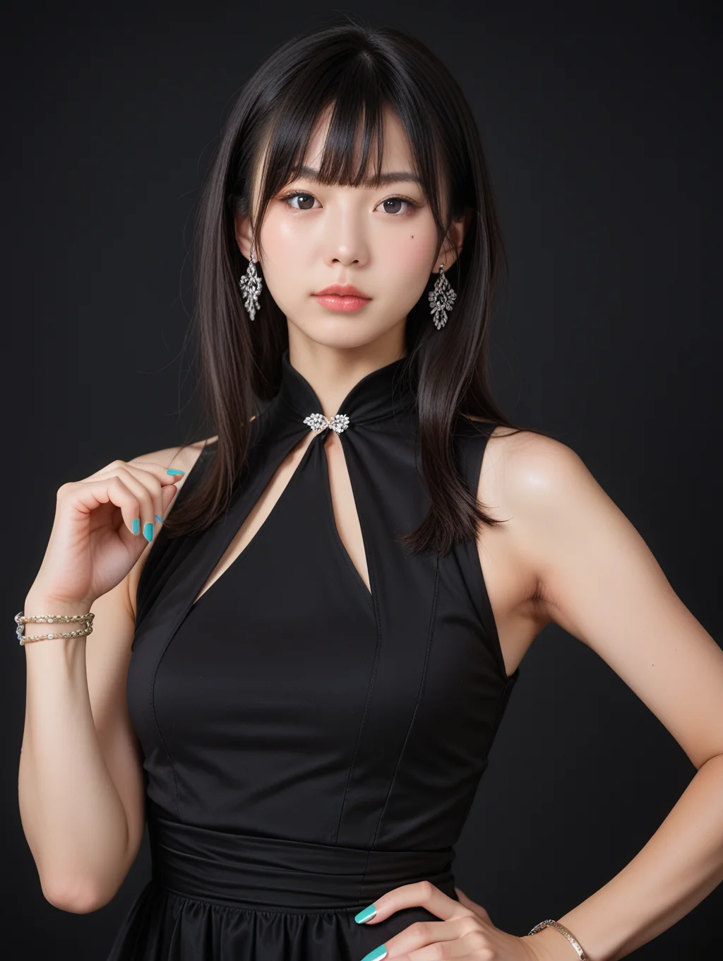score_9, score_8_up, score_7_up,source_real,real skin,
BREAK
1girl,solo,black hair,jewelry,hand on hip,realistic,earrings,dress,black dress,looking at viewer,sleeveless,nail polish,black eyes,bangs,mole under eye,sleeveless dress,lips,black background,bracelet,upper body,