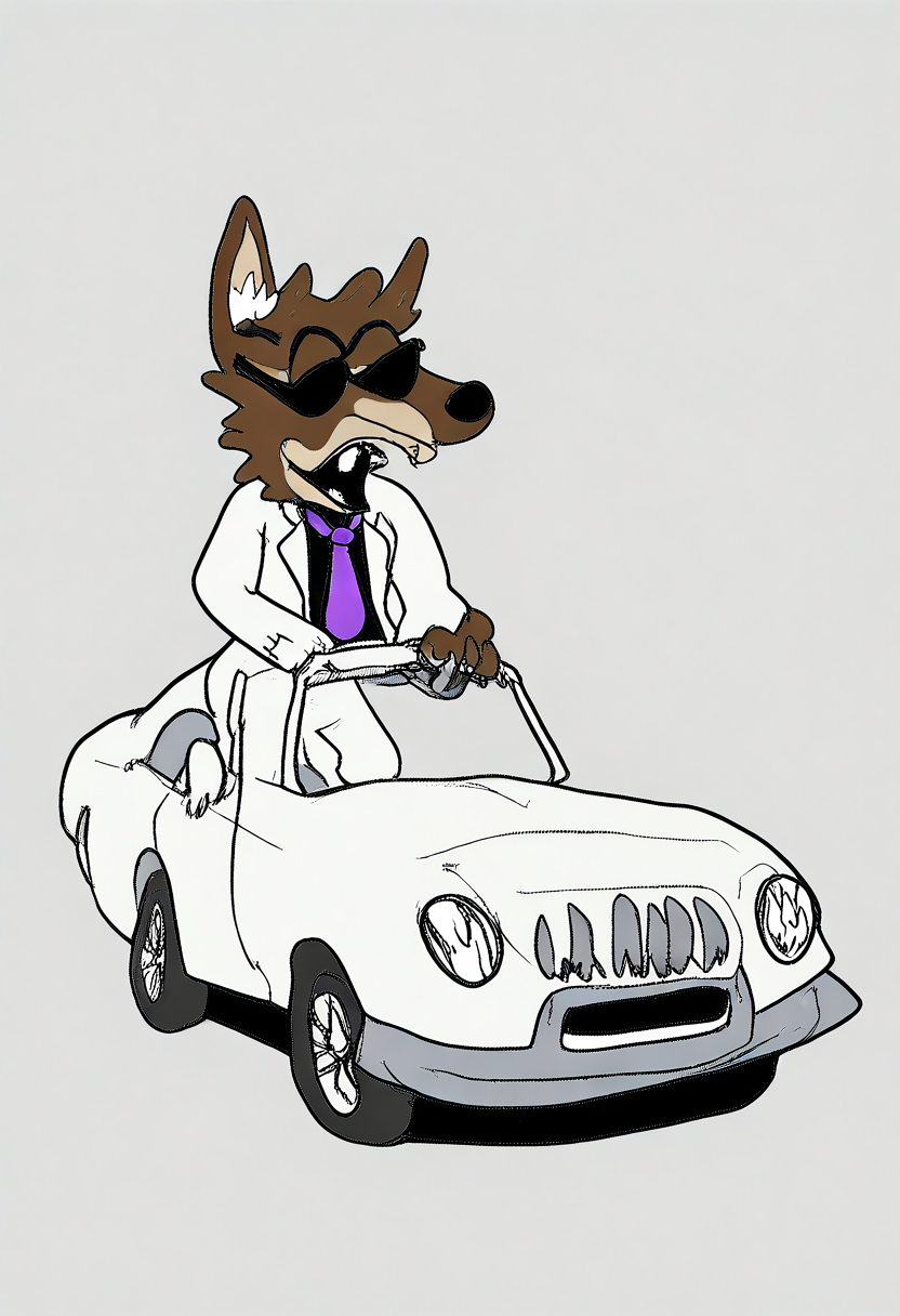 masterpiece,  very aesthetic, sbhj, bad quality, worst quality, worst detail, solo, MrWolf, furry, paws, claws, White suit, black shirt, purple necktie, fangs, sunglasses, driving convertible car