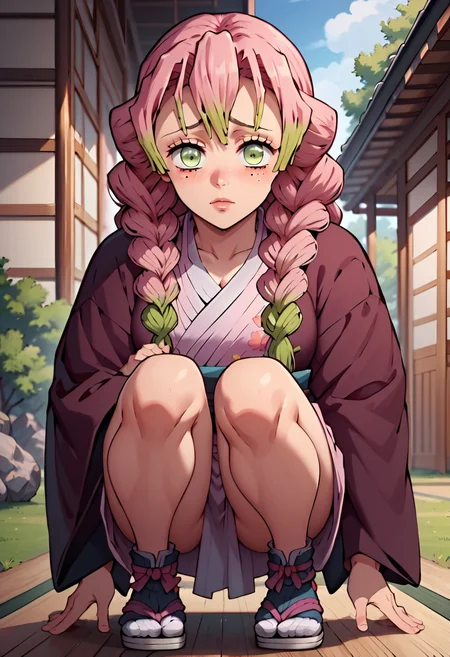 <lora:MitsuriKanrojiPony-10:1>Mitsurujionz, kanroji mitsuri, long hair, hair between eyes, pink hair, twin braids, green eyes, mole under eye, medium breasts, black jacket,  japanese clothes, haori, pink kimono, sash,  obi,  floral print, yukata, Squatting with arms hanging between knees,, score_9, score_8_up, score_7_up, score_6_up, score_5_up, score_4_up,