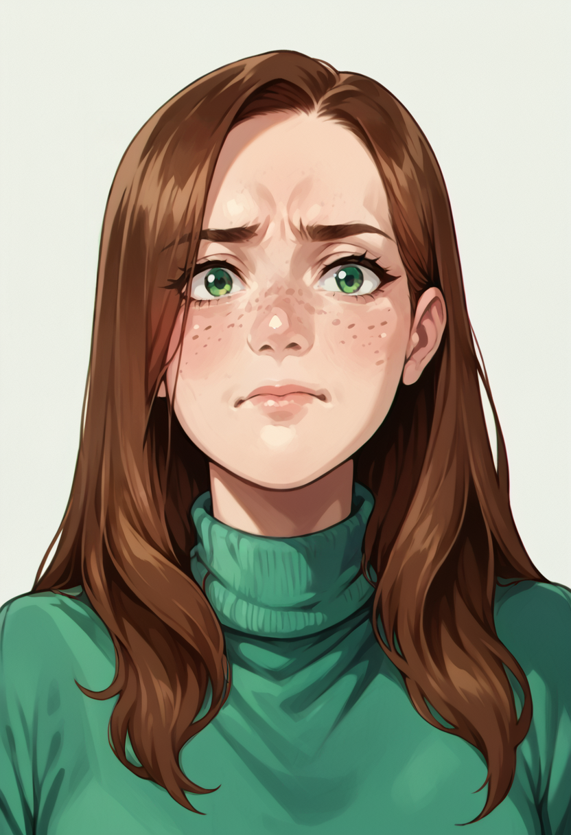 score_9, score_8_up, score_7_up, score_6_up, BREAK
<lora:PulenKompot-Krivia-v2-PonyXL:1> krivia, krivia-n, krivia-f, 1girl, long hair, brown hair, anime_filler, green eyes, freckles, turtleneck, disappointed, <lora:PulenKompot-Zer0.Zer0_Style_PonyXL:1> zer0