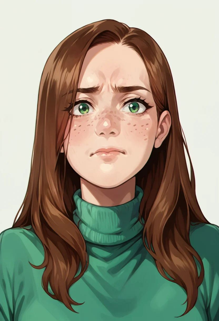 score_9, score_8_up, score_7_up, score_6_up, BREAK
<lora:PulenKompot-Krivia-v2-PonyXL:1> krivia, krivia-n, krivia-f, 1girl, long hair, brown hair, anime_filler, green eyes, freckles, turtleneck, disappointed, <lora:PulenKompot-Zer0.Zer0_Style_PonyXL:1> zer0