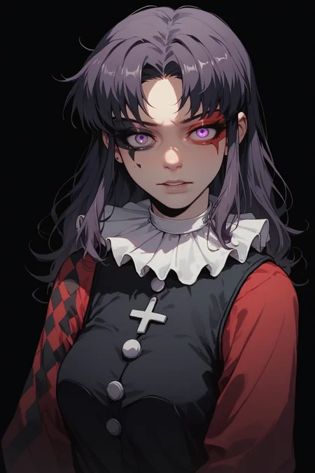 score_9, score_8_up, score_7_up,
<lora:Muff_PDXL-000000:1>, 1girl, split-color hair, half red half black color hair, two colors rhombic makeup, solo,
katsuragi misato, 1girl, purple eyes, neck ruff, ruffled collar, two colors argyle sleeve, red sleeve, black romper,
cowboy shot, adult girl, 21 y.o., teen, <lora:Sinozick_Style_XL_Pony:1> sinozick style, dark theme, flat color, black background,