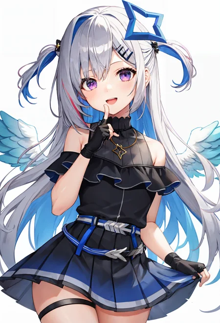 <lora:Beretkanata-V7:1>noberetkanatan1girl, solo, virtual youtuber, long hair, gloves, wings, multicolored hair, official alternate hair length, grey hair, colored inner hair, blue hair, angel wings, purple eyes, halo, star halo, official alternate hairstyle, partially fingerless gloves, angel, thigh strap, black gloves, hair ornament, dress, smile, looking at viewer, bangs, open mouth, two side up, jewelry, feathered wings, white background, pleated dress, single thighhigh, black dress, simple background, frills, bare shoulders, thighhighs, hairclip, necklace, gradient dress, belt, cowboy shot, index finger raised, finger to mouth, sleeveless, white wings