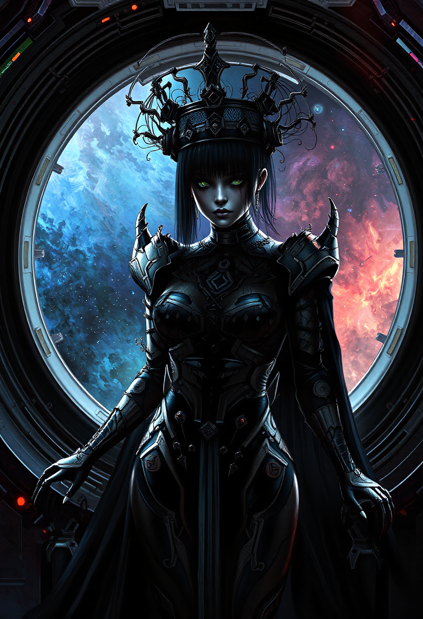avant_gardepunk style, The Space Empress of Andromeda broods in her throne room, her tormented eyes concealing a whirlpool of complex emotions as stands and gazes out a panoramic viewport at the celestial expanse beyond. Her regal armor is adorned with eldritch markings, echoing the dark sci-fi fusion of HR Giger and Santiago Caruso's styles. Rim lighting casts dramatic shadows across the opulent throne room of her spaceship, amplifying the grandeur of the scene. The Empress' presence fills the room, her authority palpable in every corner of the vast chamber. style of Chris Cold  style of Chris Cold , <lora:other/flux_realism_lora> , . cutting-edge fusion of art, music, fashion, and technology, blending bold, colorful patterns, distorted proportions, abstract shapes, and augmented mechanical enhancements, featuring punk-inspired hairstyles, makeup, and accessories, and an atmosphere of creativity and rebellion
