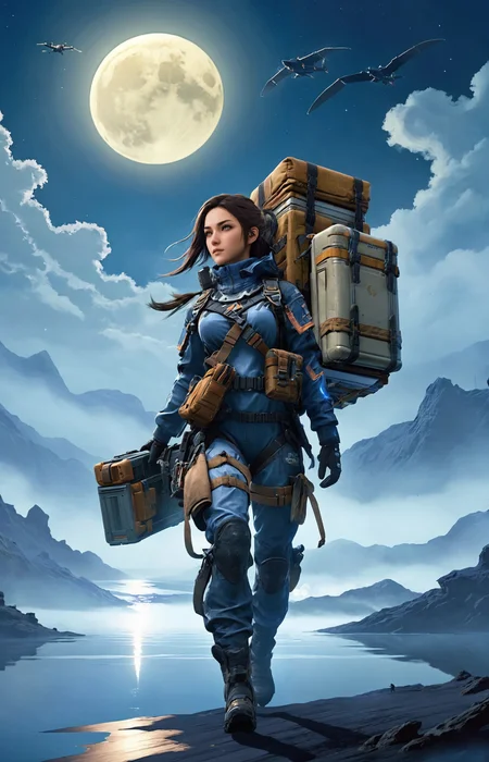a lovely fascinated girl carries a sizable cargo while wielding a firearm, encapsulating the game's unique blend of isolation and combat., a vast, A moonlit lake, with fog rolling over the water and mysterious shapes beneath the surface sky ,moon just appeared ,Command base in background, a girl wearing with armor,weapon, headgear,motocycle bpk, backpacker, <lora:BPKXLV1-000003:0.8>