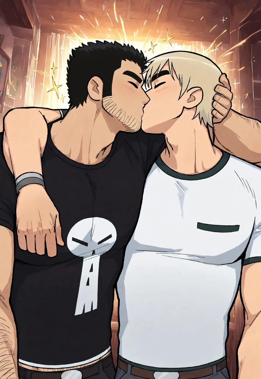 masterpiece, best quality, amazing quality, very aesthetic, absurdres, newest, detailed background, tucas, 2boys, todd, blonde hair, white shirt, lucas, black hair, sideburns, stubble, black shirt, midriff peek, body hair, arm around shoulder, kiss, kiss on cheek, sparks, sparkle, upper body, bedroom
