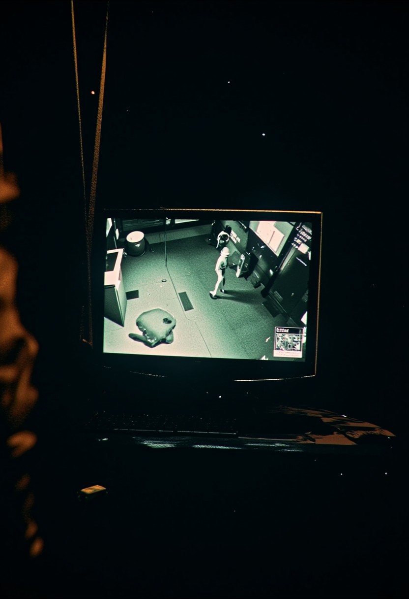 darkcomic, darkcomic, a glowing monitor showing a security camera feed, with faint static on the screen