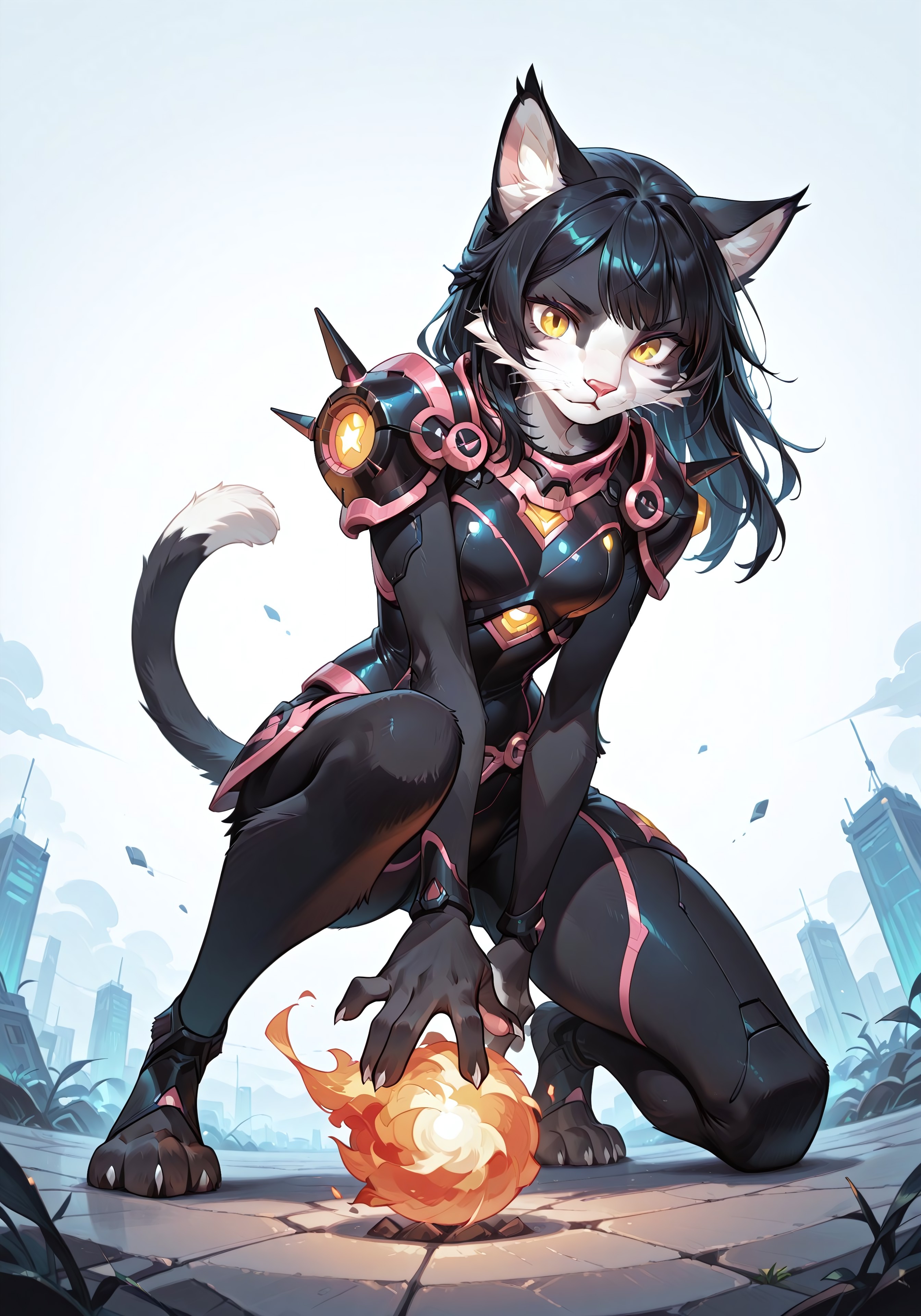 score_9, score_8_up, score_7_up, afkArenaStyle, (solo), masterpiece, best quality, very aesthetic, sfw, ITMStyle, neon theme, monochrome, (red theme:0.7, blue theme:0.7, green theme:0.7), low-angle view
BREAK mech theme, 1girl, Ember (ESO), anthro, feline, black and white fur, black hair, slim, (cyber armor), yellow eyes, cat tail, throwing fire ball, on one knee, looking down at viewer
BREAK simple background, extremely detailed, sharp focus, photorealistic detail