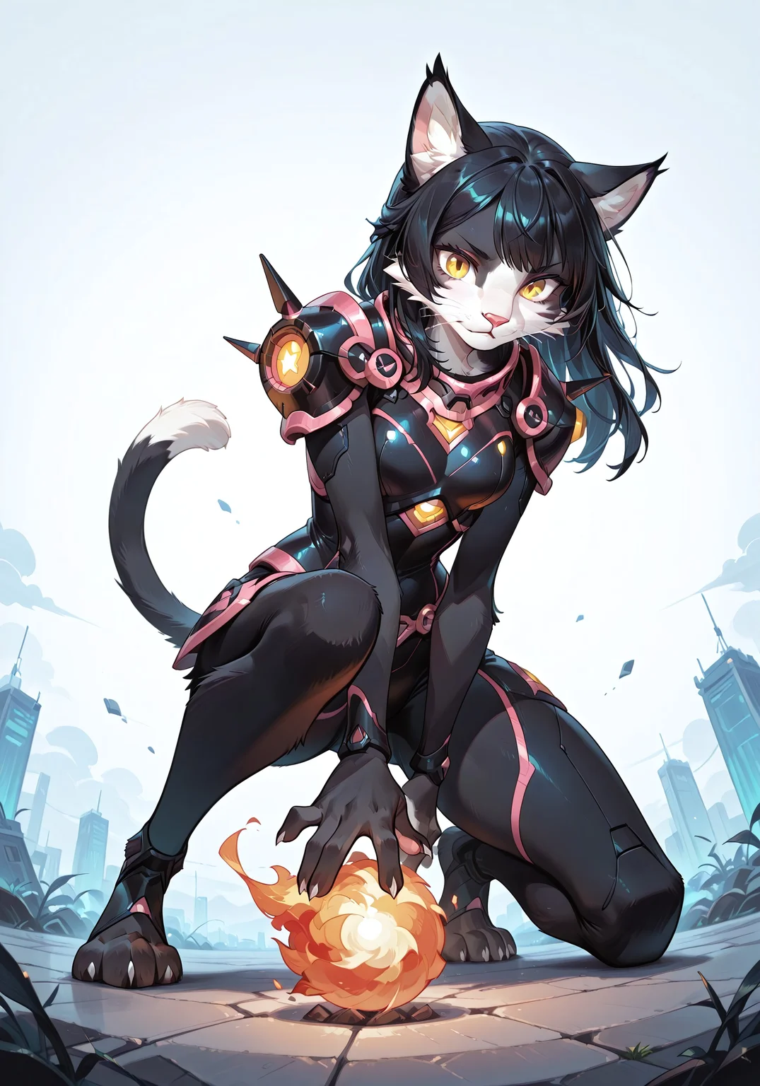 score_9, score_8_up, score_7_up, afkArenaStyle, (solo), masterpiece, best quality, very aesthetic, sfw, ITMStyle, neon theme, monochrome, (red theme:0.7, blue theme:0.7, green theme:0.7), low-angle view
BREAK mech theme, 1girl, Ember (ESO), anthro, feline, black and white fur, black hair, slim, (cyber armor), yellow eyes, cat tail, throwing fire ball, on one knee, looking down at viewer
BREAK simple background, extremely detailed, sharp focus, photorealistic detail