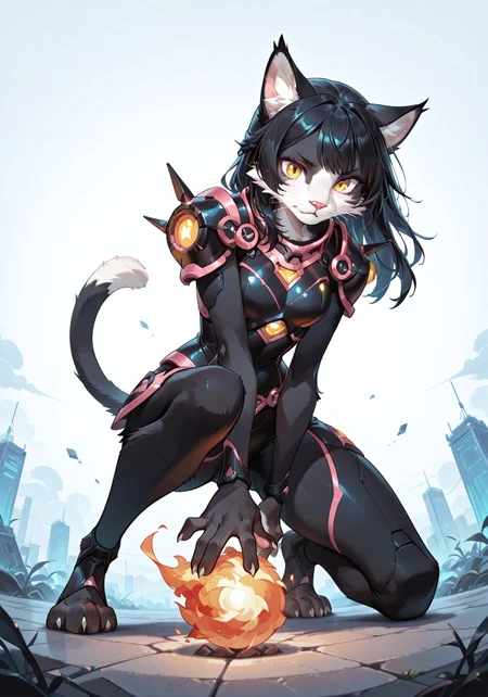score_9, score_8_up, score_7_up, afkArenaStyle, (solo), masterpiece, best quality, very aesthetic, sfw, ITMStyle, neon theme, monochrome, (red theme:0.7, blue theme:0.7, green theme:0.7), low-angle view
BREAK mech theme, 1girl, Ember (ESO), anthro, feline, black and white fur, black hair, slim, (cyber armor), yellow eyes, cat tail, throwing fire ball, on one knee, looking down at viewer
BREAK simple background, extremely detailed, sharp focus, photorealistic detail