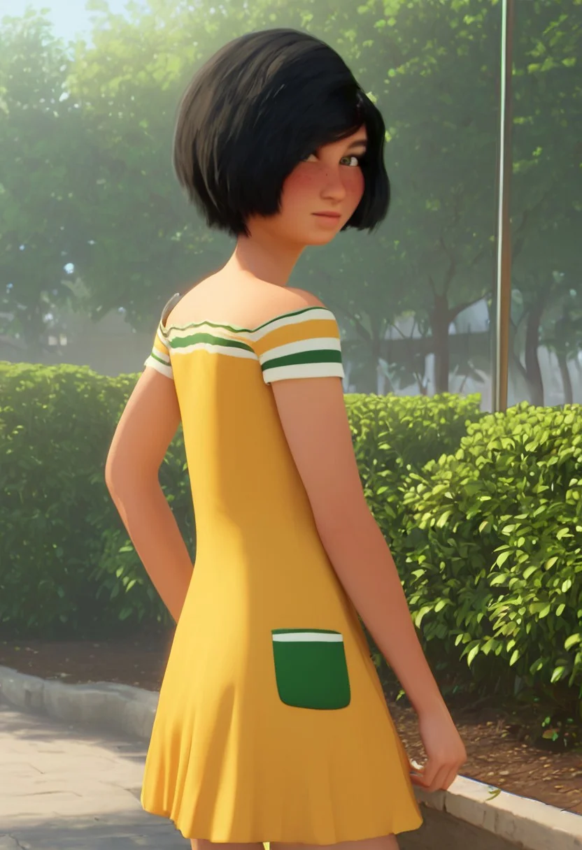 mariolina_yellow_rtzbb, 1girl, tanned skin, short black hair, thick eyebrows, dark green eyes, freckles, small yellow dress with with green and white strides (green pocket on the right bottom side of her dress), short sleeves, long white socks, red sneakers with white laces, score_9_up, score_8_up, score_7_up, BREAK, 1girl, solo, from behind, looking back, head tilt, looking at viewer, ultra detailed, detailed background, park, masterpiece, best quality, 8k, Expressiveh, realistic, 3d, portrait, cowboy shot, flat chest, handfixer