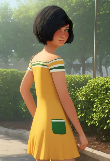 mariolina_yellow_rtzbb, 1girl, tanned skin, short black hair, thick eyebrows, dark green eyes, freckles, small yellow dress with with green and white strides (green pocket on the right bottom side of her dress), short sleeves, long white socks, red sneakers with white laces, score_9_up, score_8_up, score_7_up, BREAK, 1girl, solo, from behind, looking back, head tilt, looking at viewer, ultra detailed, detailed background, park, masterpiece, best quality, 8k, Expressiveh, realistic, 3d, portrait, cowboy shot, flat chest, handfixer