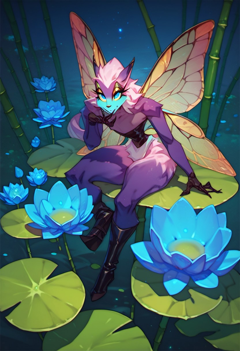 score_9, score_8_up, score_7_up, score_6_up, dark faerie, flying at night, beautiful face, heavy black boots, highly detailed, blue lotus blossom, bamboo, insect wings, twisting brambles, monster boy, perfect eyes looking at viewer, cyan and magenta, colored skin, soft fur