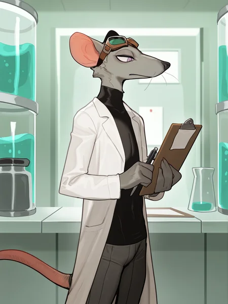 (masterpiece, best quality, very aesthetic, absurdres, artist:bebebebebe, indoors, laboratory, ) 1boy, solo, beaker, rat, skinny, slim, grey fur, bent whiskers, snout, black nose, fully clothed, goggles on head, lab coat, holding pen, clipboard, <lora:Bebebebebe_Style_Ill_V2:1>