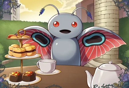 score_9, score_8_up, score_7_up, source_anime, BREAK, solo, looking at viewer, <lora:Teatime-pdxl_Fp:1>, teatime, table, food, cup, teacup, teapot, outdoors, sky, pokemon \(creature\), <lora:Mothman-pdxl_Fp:1>, mothman, red eyes, open mouth, antennae, grey skin, wings, yellow sky,