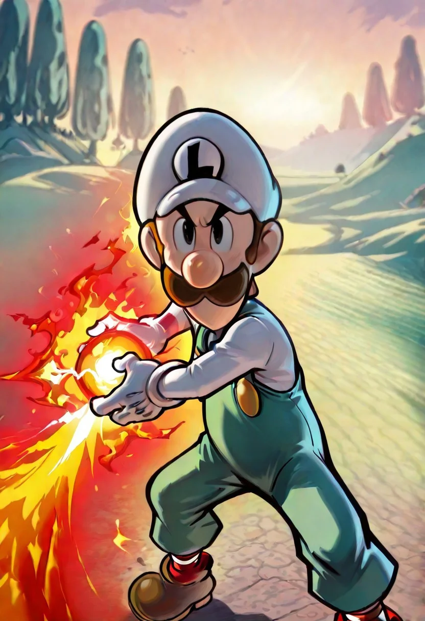 masterpiece, newest,absurdres,incredibly absurdres, best quality, amazing quality, very aesthetic, 
, depth of field, blurry foreground, bokeh,green hills, sunset, solo,ITLuigi,cartoon-style,brown hair, black eyes,slim, moustache, round nose,white hat,white long-sleeved shirt, green overalls,  brown shoes, white gloves, yellow buttons,  striped socks,red and white socks, L emblem on hat, Kamehameha-Charge, bent elbows,arms on waist level ,hands cupped together, holding energy orb, fire ball
,re4lity_sync_illu