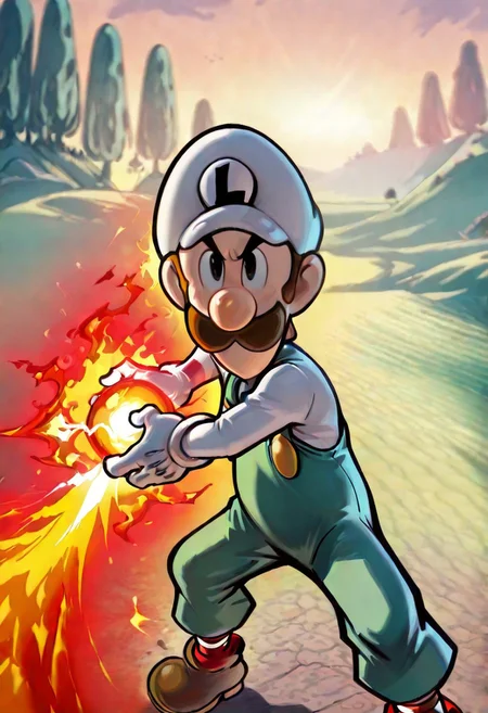 masterpiece, newest,absurdres,incredibly absurdres, best quality, amazing quality, very aesthetic, 
, depth of field, blurry foreground, bokeh,green hills, sunset, solo,ITLuigi,cartoon-style,brown hair, black eyes,slim, moustache, round nose,white hat,white long-sleeved shirt, green overalls,  brown shoes, white gloves, yellow buttons,  striped socks,red and white socks, L emblem on hat, Kamehameha-Charge, bent elbows,arms on waist level ,hands cupped together, holding energy orb, fire ball
,re4lity_sync_illu