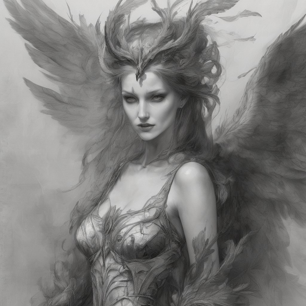 naturalist's journal page depicting a beautiful but menacing harpy, sketched in dark, fine pencil with delicate, haunting details.. Her features are framed by a wild mane of feathers, some flowing softly like hair, but others jagged and ruffled, giving her a fierce, untamed look. Her slender arms end in sharp, curved talons, and her powerful, feathered wings are spread partially, showing intricate feather patterns reminiscent of a bird of prey. Notes in faded ink describe her âsiren-like voiceâ and âgraceful yet deadly aerial movements,â warning that her beauty masks her predatory instincts. Smaller sketches surround the main drawing, showing close-ups of her talons, wing structure, and a fearsome, fanged smile, hinting at her aggressive nature. The page is weathered with light smudges and water stains, giving an authentic, vintage look to this eerie field study of the harpy.