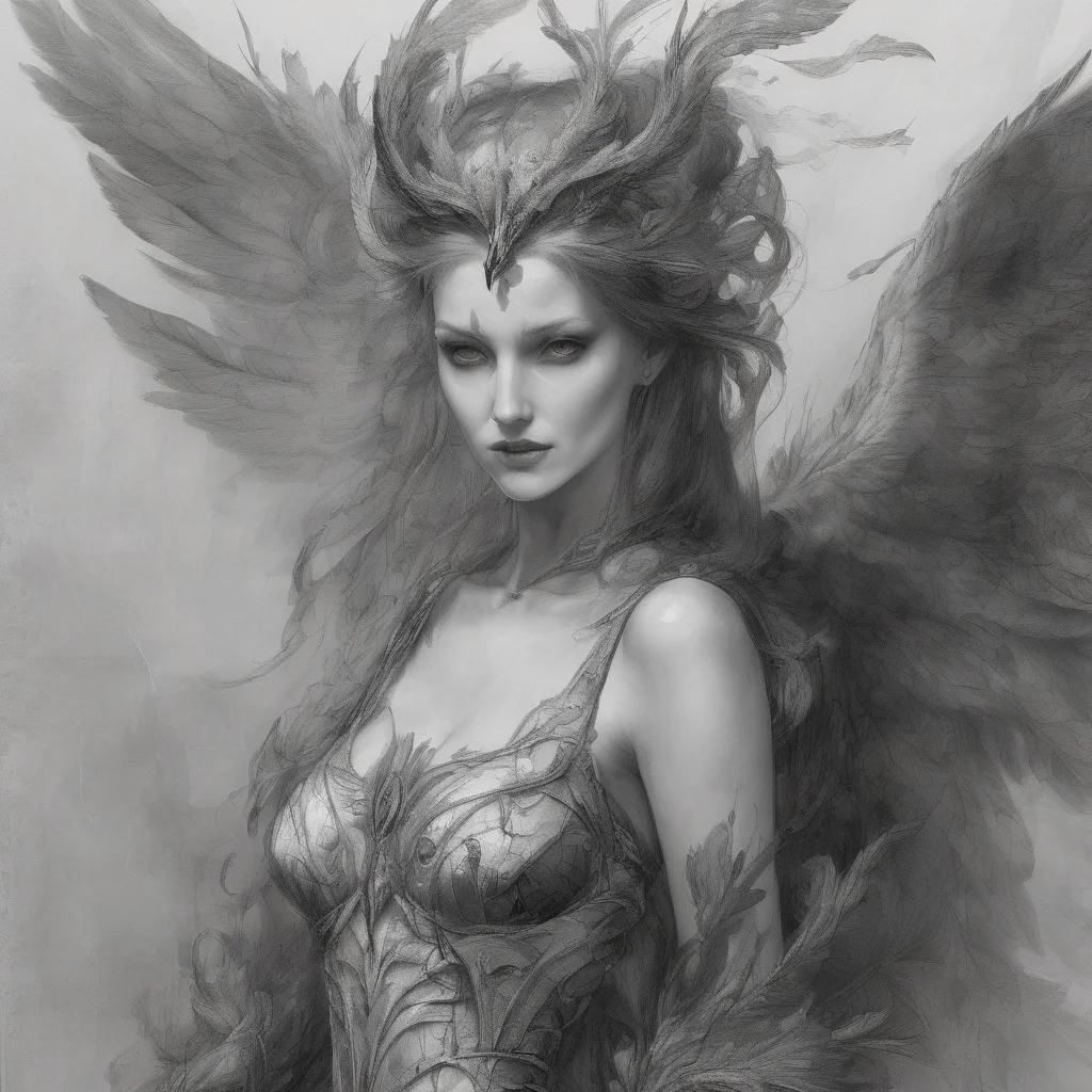 naturalist's journal page depicting a beautiful but menacing harpy, sketched in dark, fine pencil with delicate, haunting details.. Her features are framed by a wild mane of feathers, some flowing softly like hair, but others jagged and ruffled, giving her a fierce, untamed look. Her slender arms end in sharp, curved talons, and her powerful, feathered wings are spread partially, showing intricate feather patterns reminiscent of a bird of prey. Notes in faded ink describe her âsiren-like voiceâ and âgraceful yet deadly aerial movements,â warning that her beauty masks her predatory instincts. Smaller sketches surround the main drawing, showing close-ups of her talons, wing structure, and a fearsome, fanged smile, hinting at her aggressive nature. The page is weathered with light smudges and water stains, giving an authentic, vintage look to this eerie field study of the harpy.