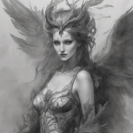 naturalist's journal page depicting a beautiful but menacing harpy, sketched in dark, fine pencil with delicate, haunting details.. Her features are framed by a wild mane of feathers, some flowing softly like hair, but others jagged and ruffled, giving her a fierce, untamed look. Her slender arms end in sharp, curved talons, and her powerful, feathered wings are spread partially, showing intricate feather patterns reminiscent of a bird of prey. Notes in faded ink describe her âsiren-like voiceâ and âgraceful yet deadly aerial movements,â warning that her beauty masks her predatory instincts. Smaller sketches surround the main drawing, showing close-ups of her talons, wing structure, and a fearsome, fanged smile, hinting at her aggressive nature. The page is weathered with light smudges and water stains, giving an authentic, vintage look to this eerie field study of the harpy.