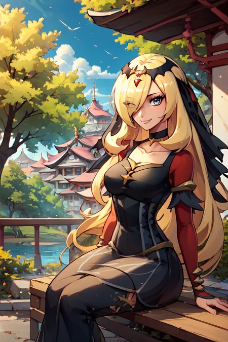 score_9, score_8_up, score_8, medium breasts, (curvy), cute, eyelashes, BREAK, , ,,, zzCynthiaRenegade, grey eyes, long hair, blonde hair, hair over one eye, hair ornament, official alternate costume, black dress, black choker, veil, tiara, collarbone, <lora:CynthiaRenegade_Pokemon_PDXL:1.0>, ,,, , BREAK, sitting on bench, side view, smile, looking at viewer, cowboy shot, ,,, BREAK, pnkBldng, sky, day, cloud, tree, blue sky, building, architecture, east asian architecture, ,,, BREAK, embedding:zPDXL, Expressiveh, ,,, <lora:PinkBuildingsPDXL_v2:0.6>, <lora:SDXLFaeTastic2400:0.5>, <lora:Expressive_H-000001:0.4>