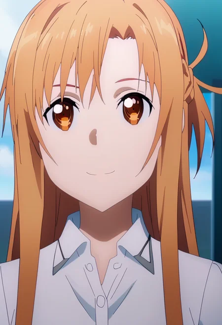 score_9, <lora:yuuki_asuna:1> yuuki asuna, 1girl, asuna (sao), braid, brown hair, jewelry, long hair, portrait, shirt, smile, white shirt, yuuki asuna