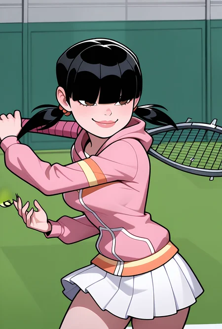 <lora:julieov:1>, julieov, black hair, twintails, 1girl, breasts, low twintails, pink hoodie, blunt bangs, hair ornament, jacket, long sleeves, brown eyes, lips, hair over eyes,, white skirts, expressive, wide face, playing tennis, smiling, tennis ball machine, hitting ball, tennis bat,, masterpiece, best quality, amazing quality, very aesthetic, absurdres, newest,