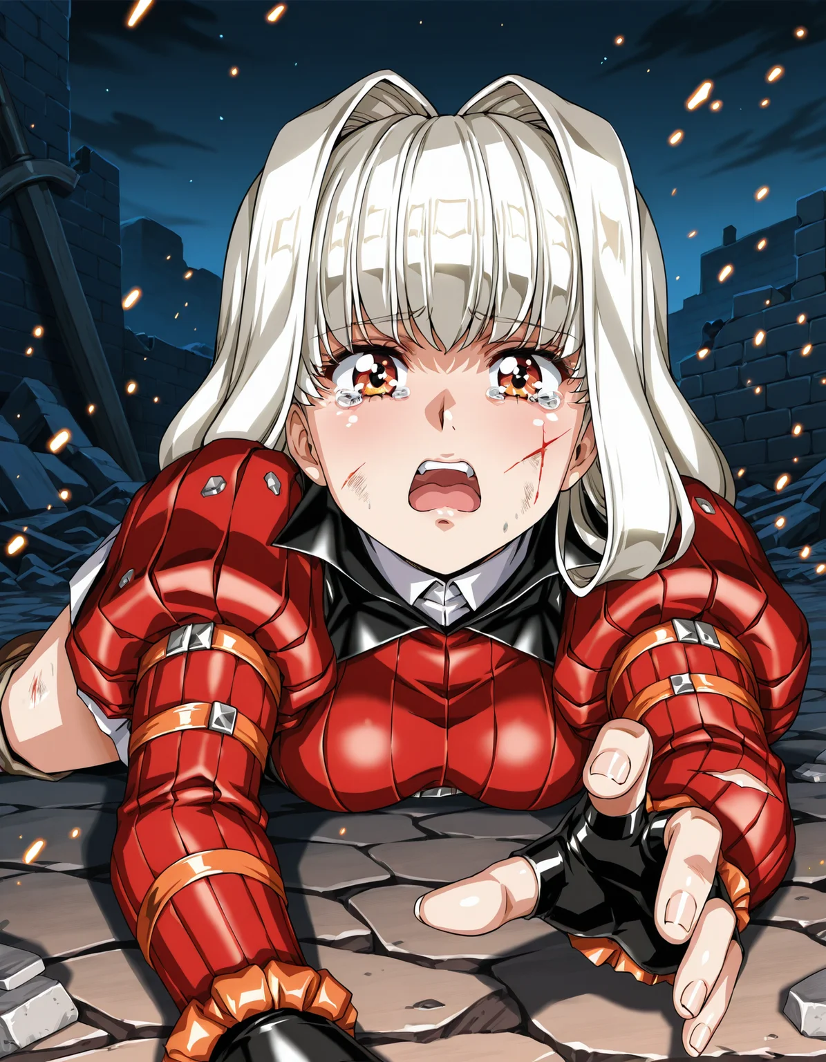 <lora:charlone-claudius-illustrious-000030:0.8> charlone claudius, juliet sleeves, fingerless gloves,
1girl, solo, tearing up, open mouth, battle damage, on stomach, rubble, medieval, night, embers, reaching towards viewer, rating_general