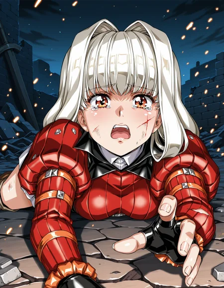 <lora:charlone-claudius-illustrious-000030:0.8> charlone claudius, juliet sleeves, fingerless gloves,
1girl, solo, tearing up, open mouth, battle damage, on stomach, rubble, medieval, night, embers, reaching towards viewer, rating_general
