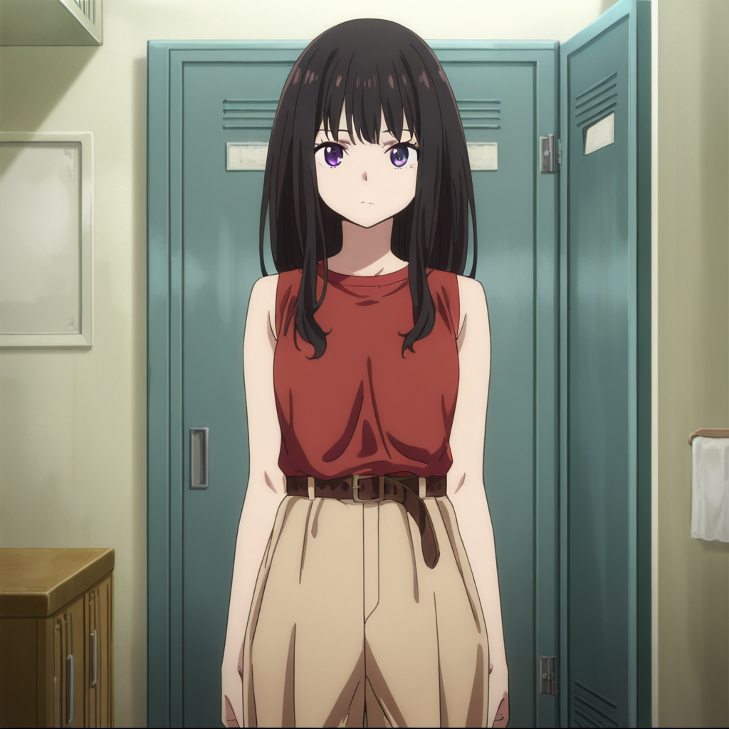 nsfw, masterpiece,best quality,amazing quality,1girl, solo, lycoris_recoil_takina_lnoue, black hair, long hair, purple eyes, bangs, pants, looking at viewer, belt, sleeveless, arms at sides, brown pants, red shirt, shirt, sleeveless shirt, anime coloring, closed mouth, locker, <lora:Takina_Inoue_-_Lycoris_Recoil:0.7>