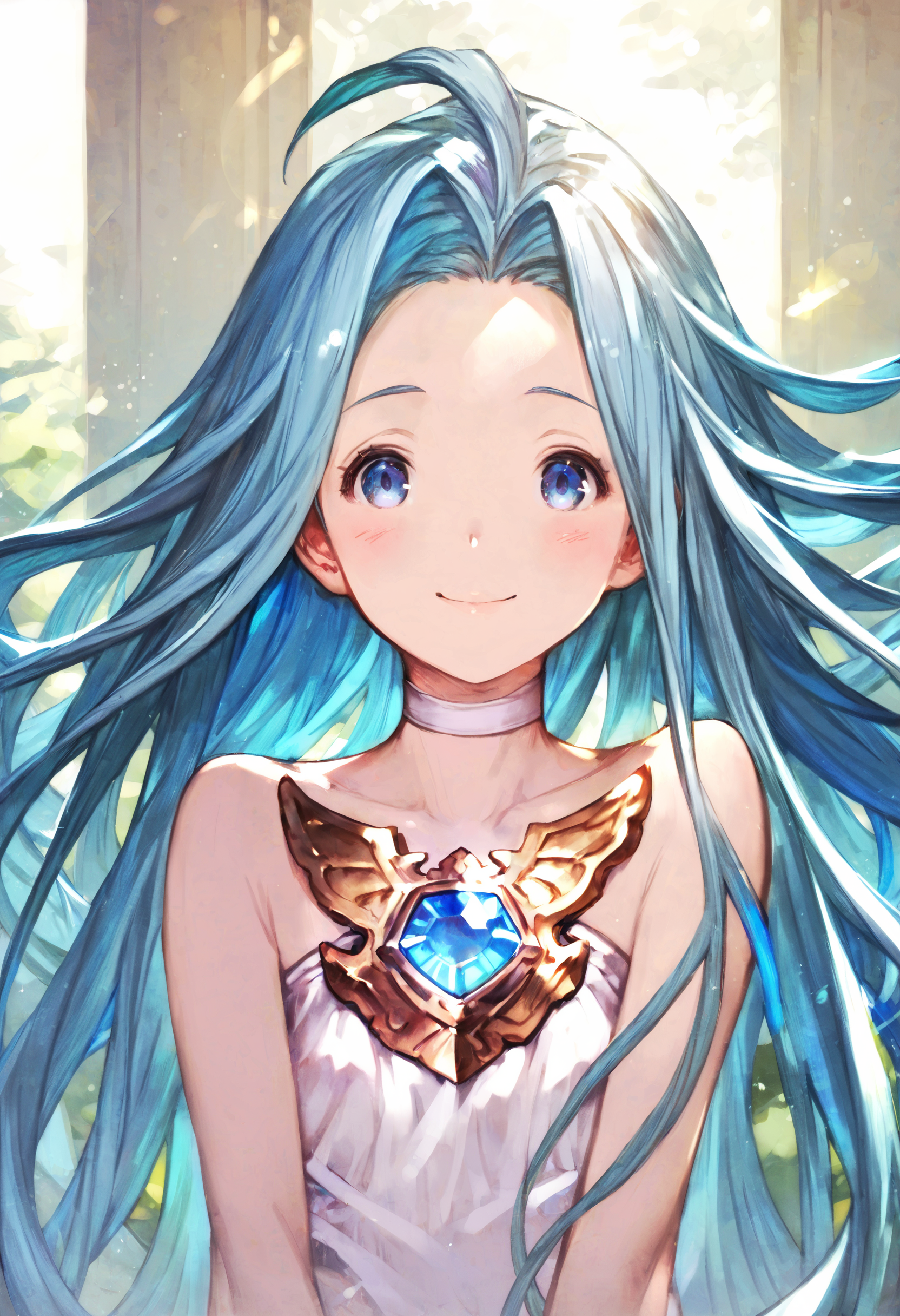 score_9, score_8_up, score_7_up,score_6_up, source_anime, best quality, aesthetic, absurdres,
1girl, solo, smile, blush, (clear eyes:1.2), looking at viewer, 
Lyria (Granblue Fantasy), very long hair, blue hair, (body_slim, skinny:1.1), white choker, blue gem, white cami-dress, bare shoulders, strapless,  miniskirt, 
(clear eyes:1.1), <lora:Lyria-Pony:0.8> <lora:IshikePony:0.3>